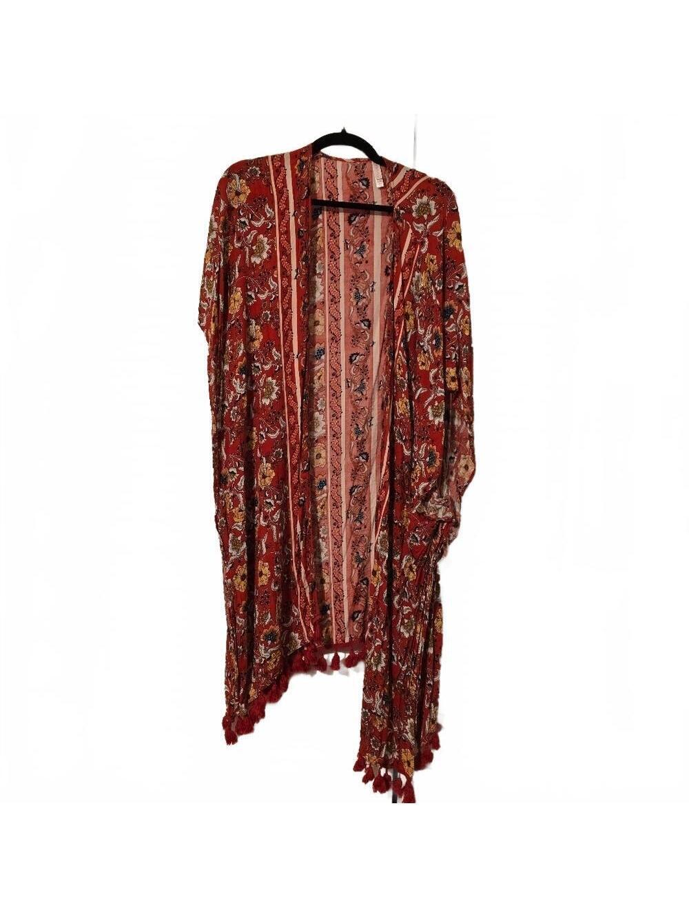 Xhilaration Boho Floral Kimono Wrap Rust Red Tassel Hem XS/S
